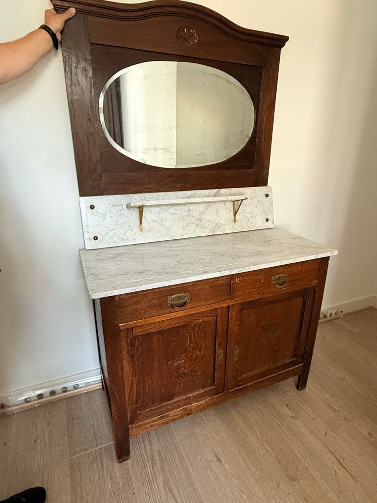 Antiek wasmeubel met marmeren blad en spiegel, Ophalen