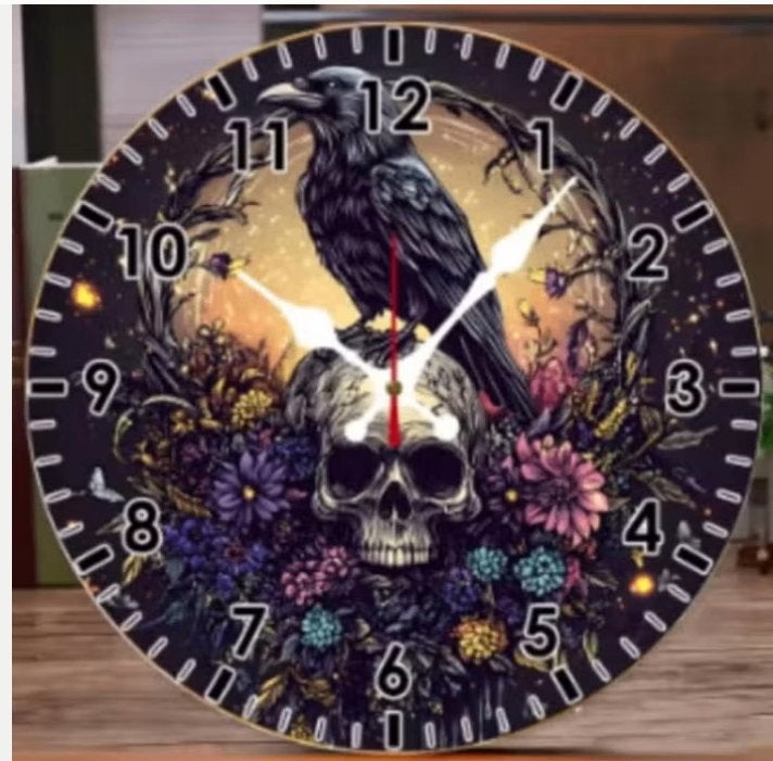Ronde wandklok van hout Schedel met Vogel (25cm), Ophalen of Verzenden, Nieuw, Wandklok