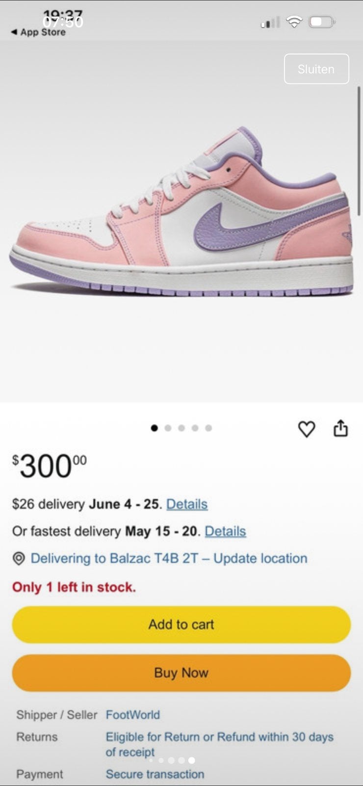 Nike Air Jordan 1 low Speciale editie pastel roze lila wit, Kleding | Dames, Schoenen, Ophalen of Verzenden, Zo goed als nieuw