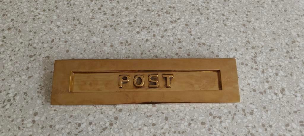 Messing brievenbusklep 'POST' - 32x8cm, Gebruikt, Ophalen of Verzenden, Klassiek, Goud