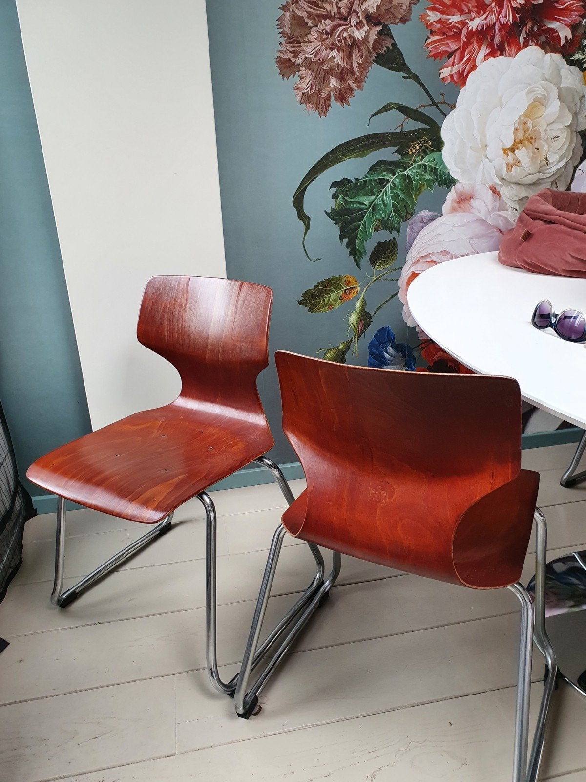 6 vintage flötotto stoelen, Ophalen, Gebruikt, Bruin, Fins design schoolstoelen