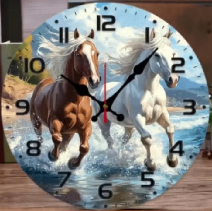 Ronde wandklok van hout analoge 2 paarden (25cm)
