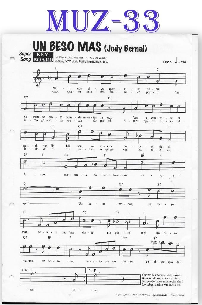 Muz33 Bladmuziek Super song Un Beso Mas ( Jordy Bernal ), Muziek en Instrumenten, Orgel, Gebruikt, Ophalen of Verzenden, Artiest of Componist