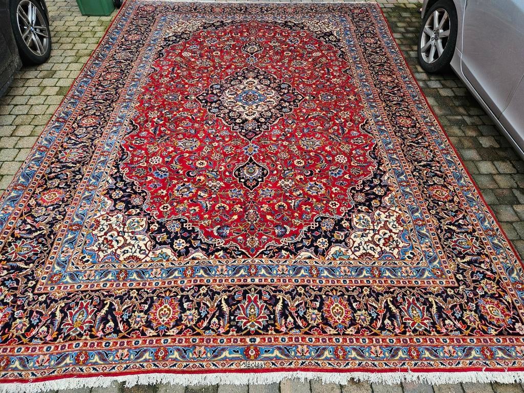 Handgeknoopt perzisch tapijt kashan 450x323, Crème, Perzisch, Vof Slats Antiek, 200 cm of meer