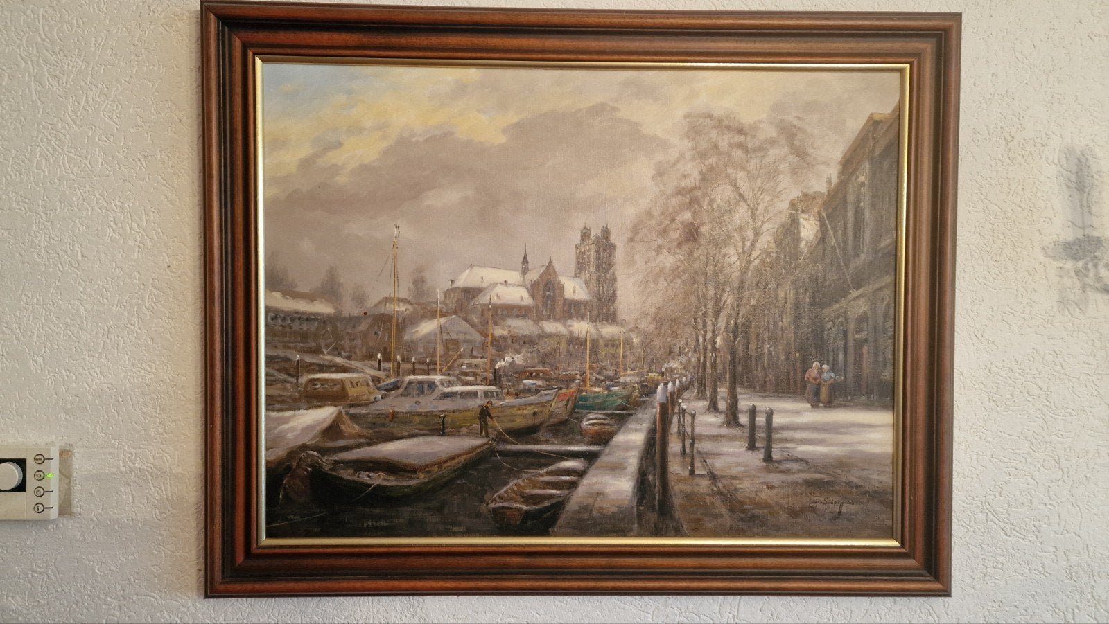 Schilderij olieverf Grote Kerk Dordrecht Winter, Ophalen, Doek, Olieverf, Gesigneerd
