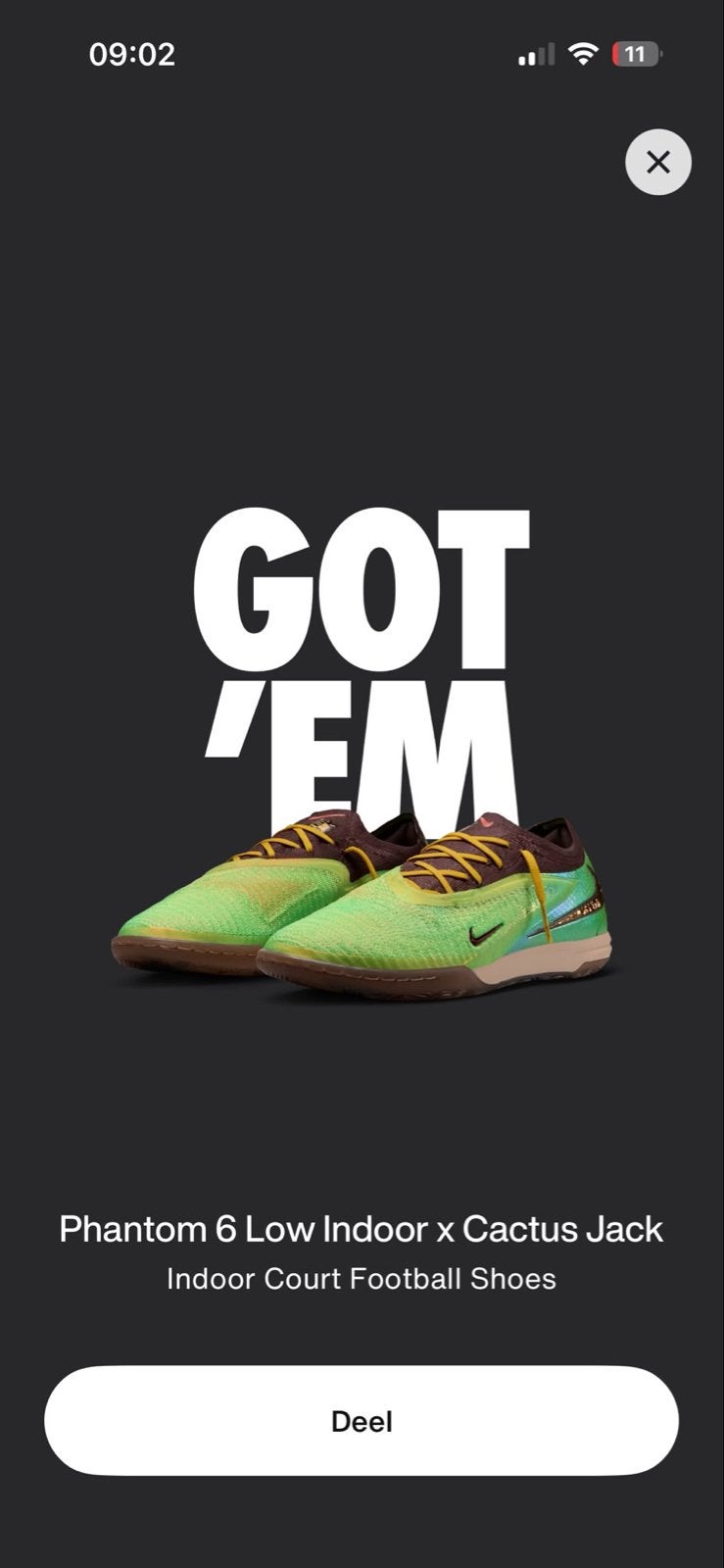 Nike Phantom 6 Low Indoor x Cactus Jack maat 45’5, Ophalen of Verzenden, Nieuw, Overige kleuren, Sportschoenen