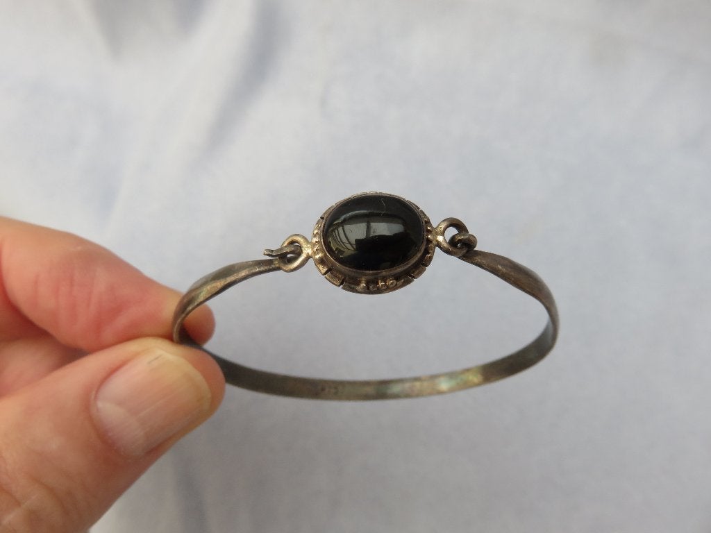 Antieke zilveren armband met onyx steen - 20e eeuw, Sieraden, Tassen en Uiterlijk, Ophalen of Verzenden, Zilver, Armband