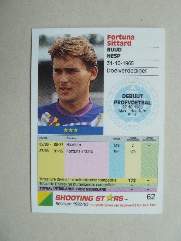 Shooting star 1992/1993  Nr.62 Ruud.Hesp. Fortuna Sittard, Verzamelen, Ophalen of Verzenden, Zo goed als nieuw, Overige binnenlandse clubs