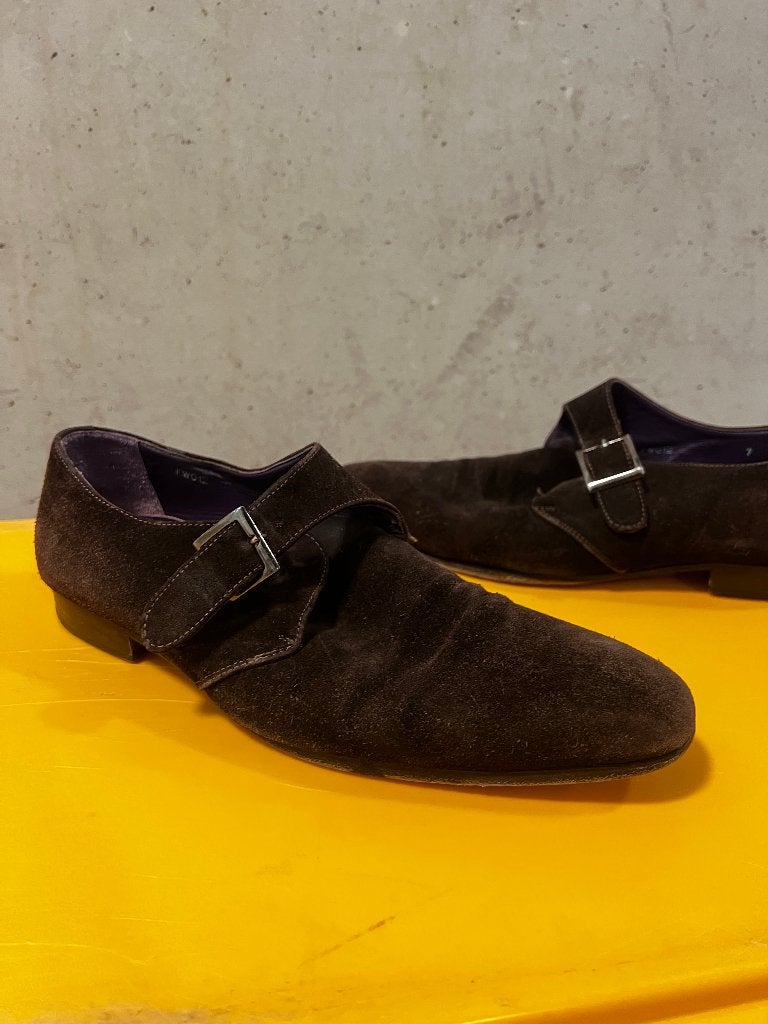 Suitsupply donkerbruine suède monk-strap schoenen 41 Italy, Bruin, Ophalen of Verzenden, Gedragen, Veterschoenen