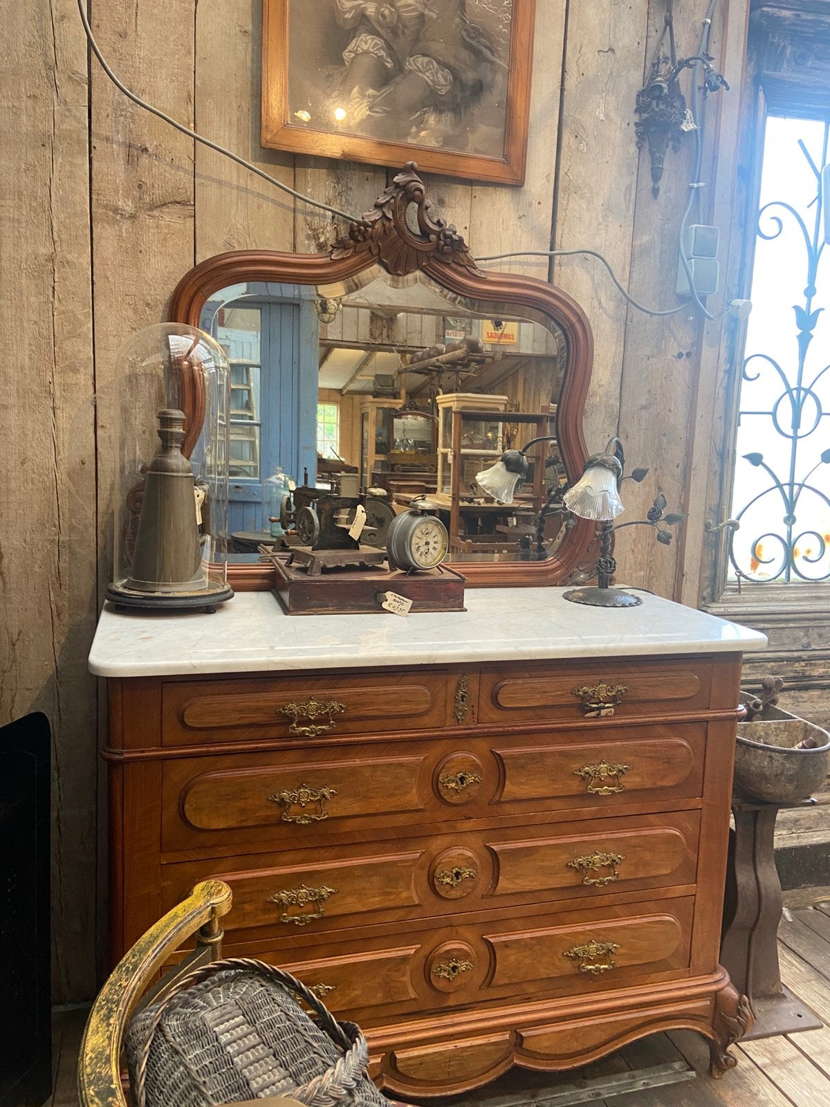 Frans eiken commode ladekast met marmer en spiegel, Antiek en Kunst, Antiek | Meubels | Kasten, Ophalen