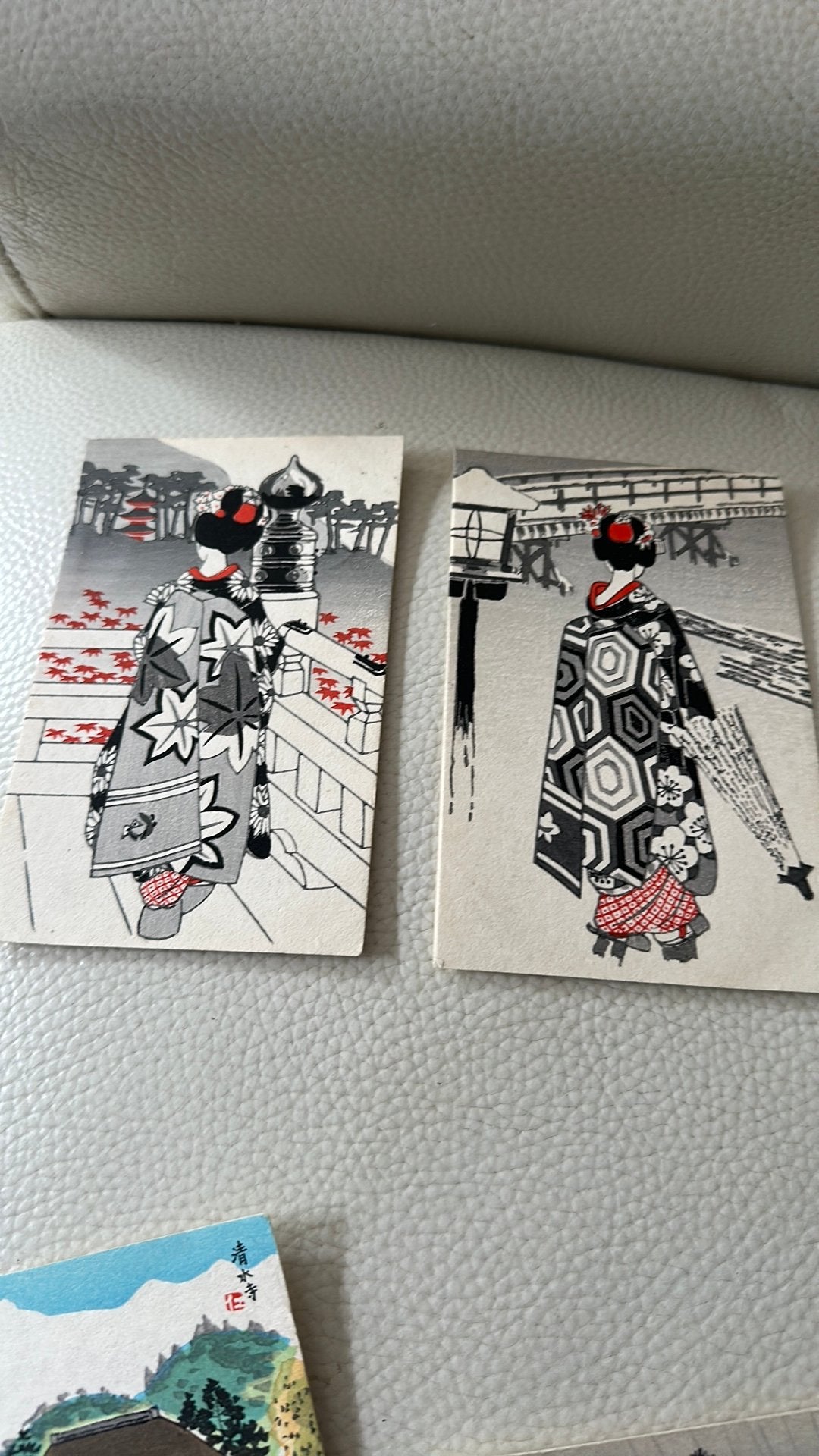 4 Japanse houtsnede ansichtkaarten, Ophalen of Verzenden, Houtsnede