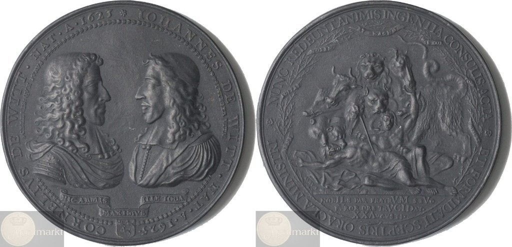 Historiepenning 1672 'Johan en Cornelis de Witt vermoord', Ophalen of Verzenden, Overige materialen, Nederland