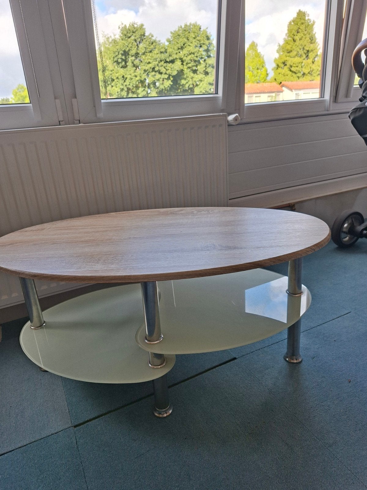Ovale salontafel met houten blad en glazen plank, Ophalen, Gebruikt, 50 tot 100 cm, 50 tot 100 cm