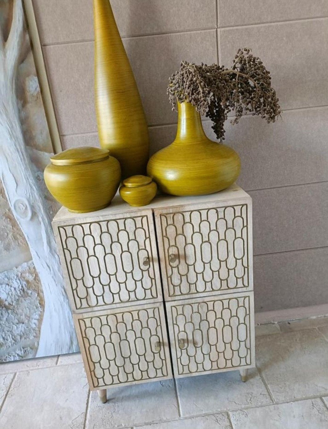 Massief houten Ibiza bohemien opbergkast met 4 deurtjes, Huis en Inrichting, Ophalen of Verzenden, Gebruikt