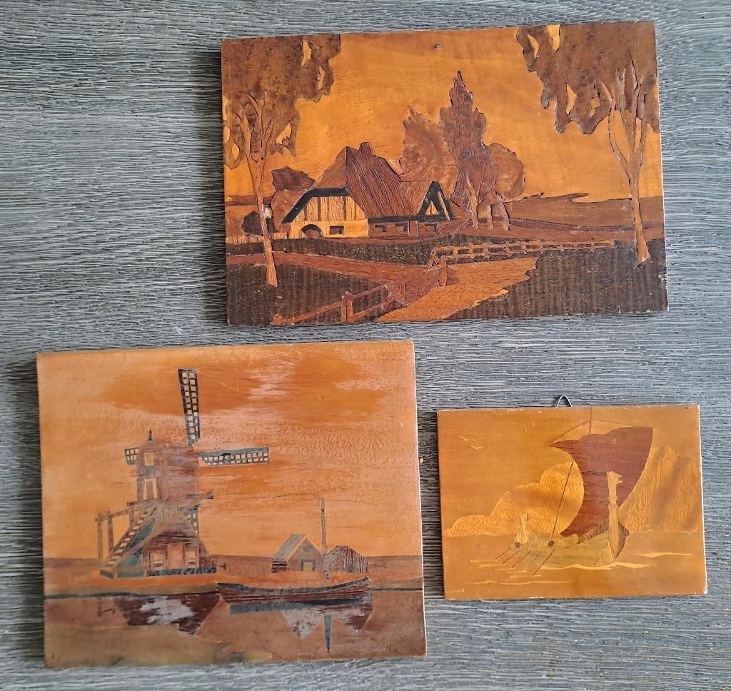3 Schilderijtjes met ingelegd hout op paneeltje, Ophalen of Verzenden