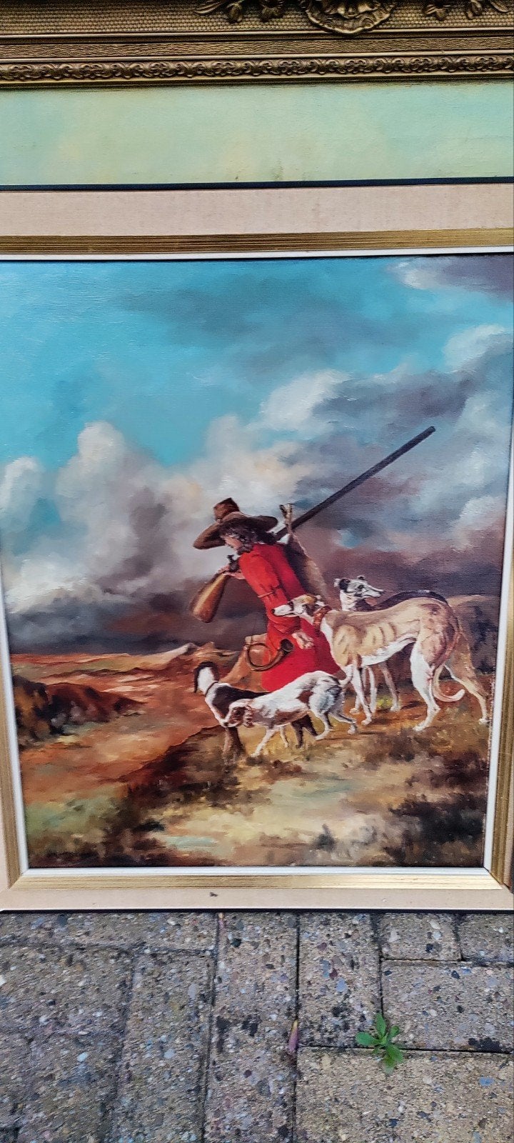 Jachttafereel met jager en honden - Olieverf op doek, Doek, Realistisch, Origineel werk, Dieren