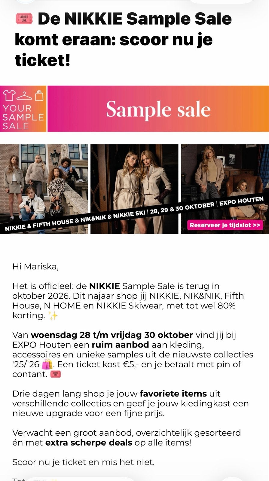 Kaartje gezocht Nikkie Sample sale woensdag 28 oktober?, Tickets en Kaartjes, Eén persoon