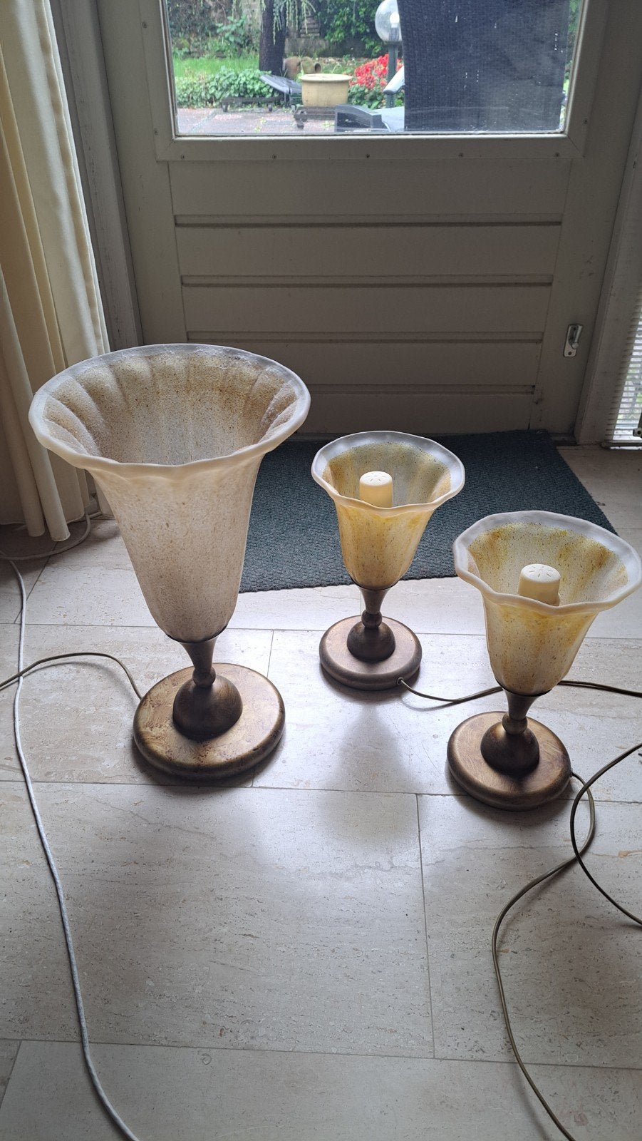 Set van 3 vintage tafellampen met glazen kappen, Antiek en Kunst, Ophalen