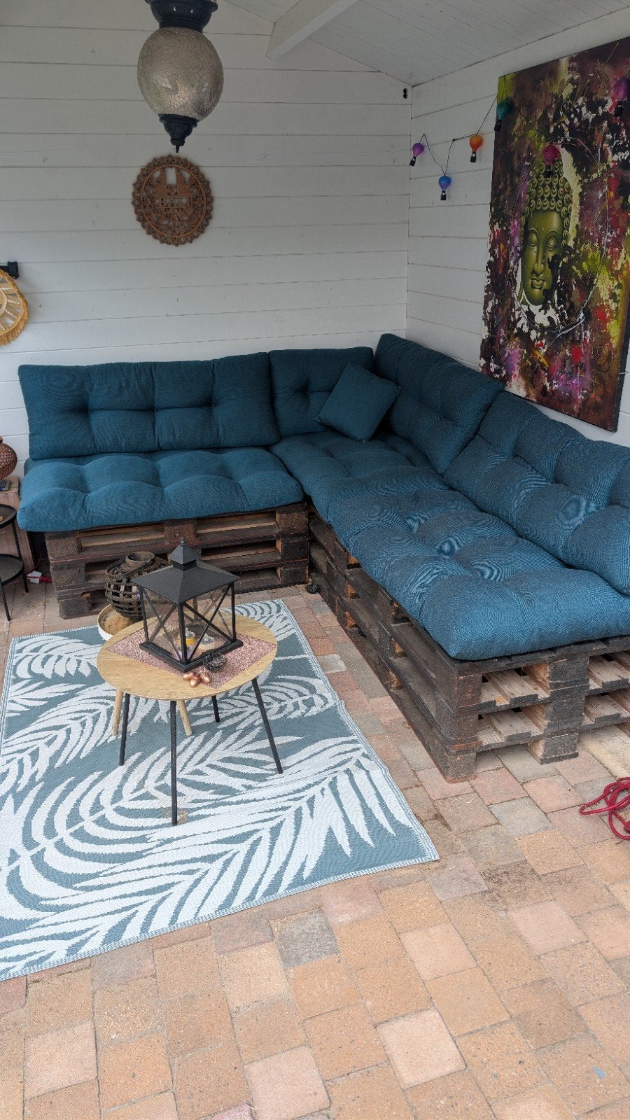 Pallet hoekbank met donkergroene kussens, Gebruikt, Meer dan 8 zitplaatsen, Ophalen of Verzenden, Loungeset