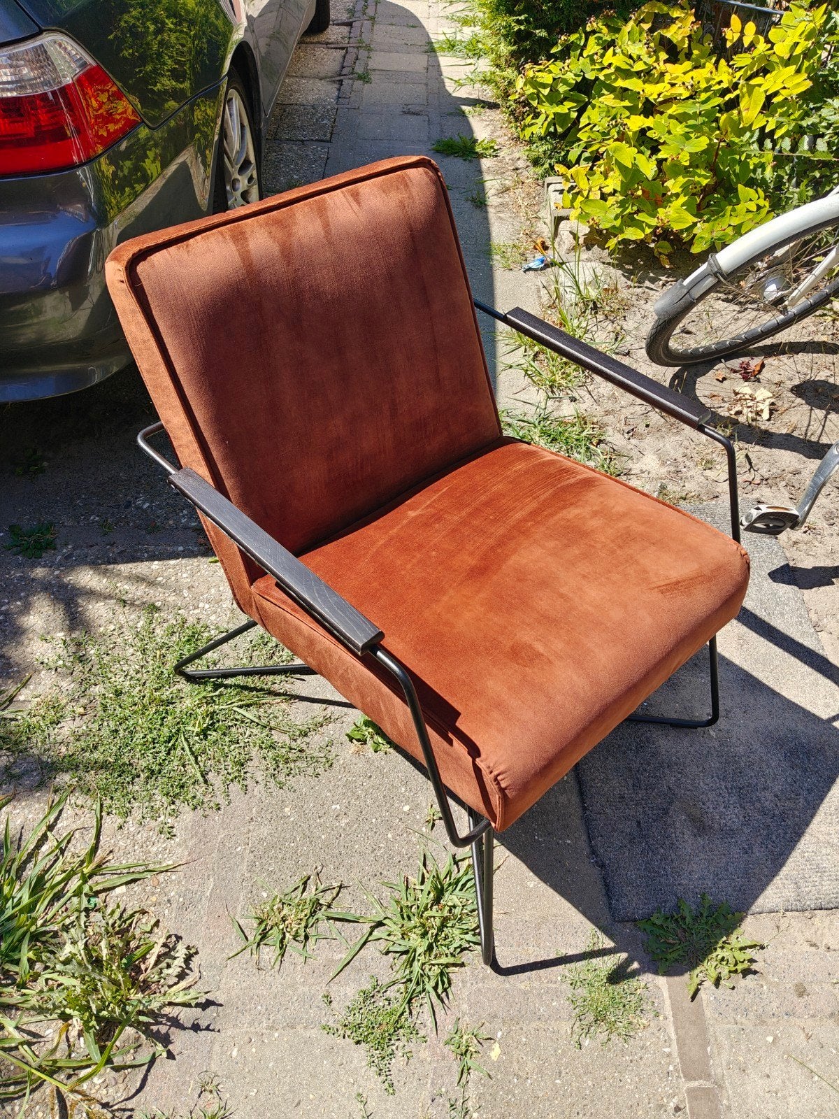 Comfortabele fauteuil in roestbruin fluweel, Ophalen, Gebruikt, Overige kleuren, Modern, Industrieel