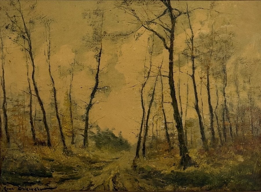 876. Olieverfschilderij – bospad met kale bomen, 20e eeuw, Ophalen of Verzenden, Olieverf, Landschap
