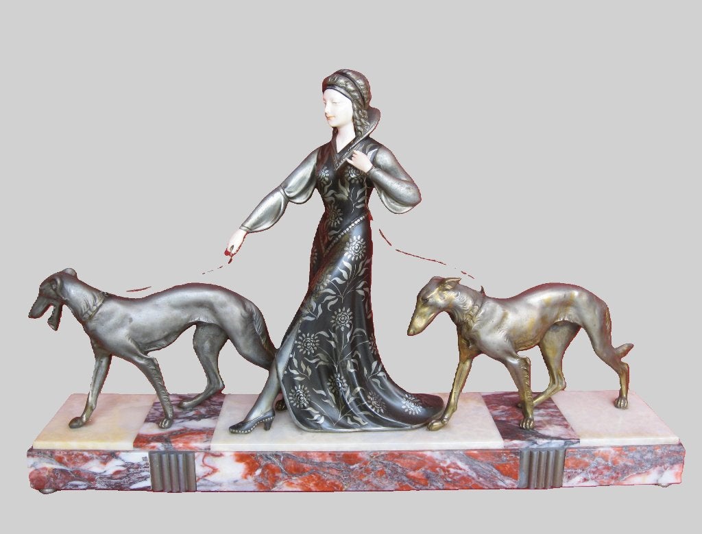 R. Scali - Dame met 2 borzoi honden - Art Deco brons i voor., Ophalen