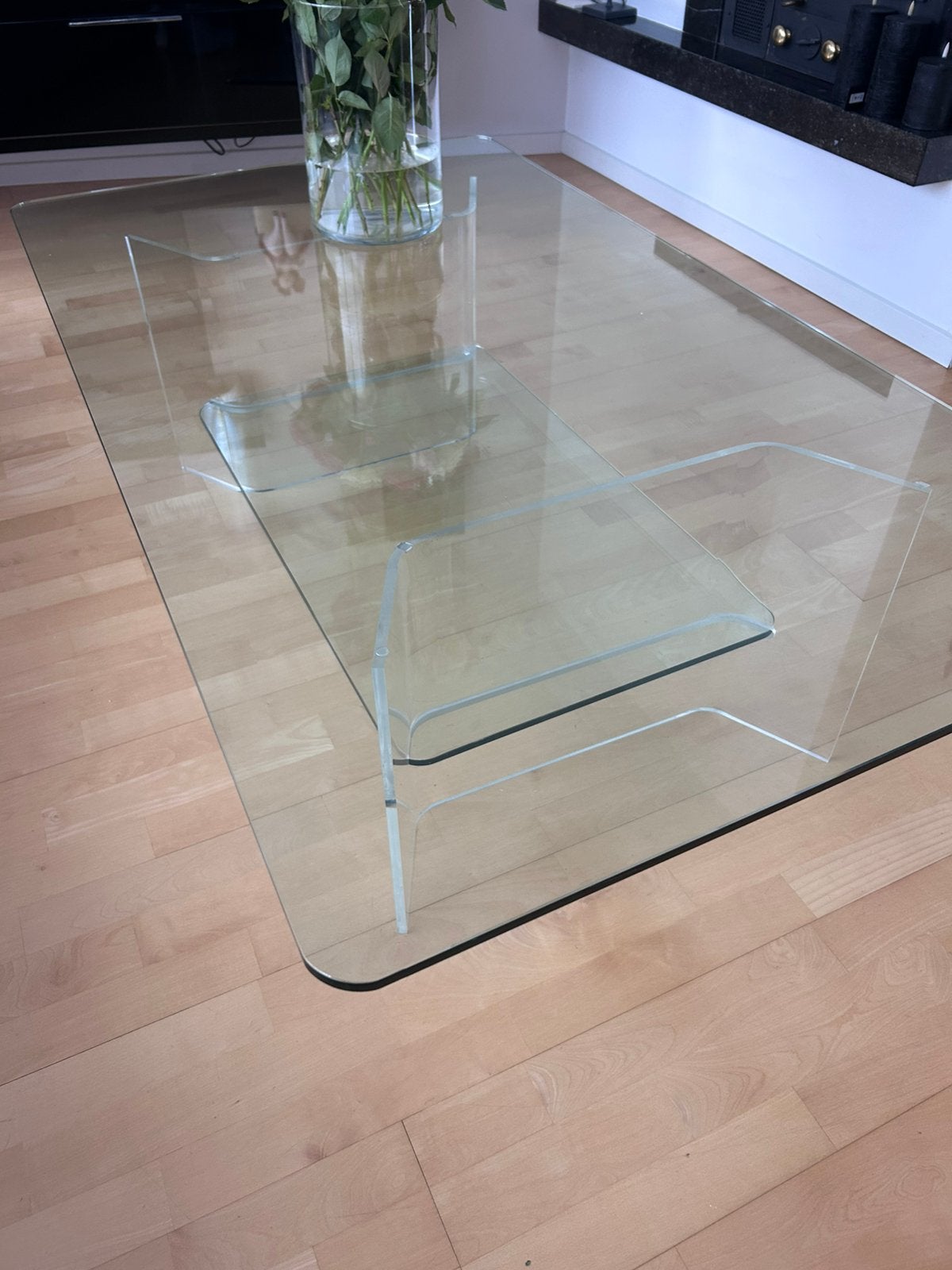 Glazen set salontafel en hoektafel, Ophalen, Gebruikt, 100 tot 150 cm, 50 tot 100 cm