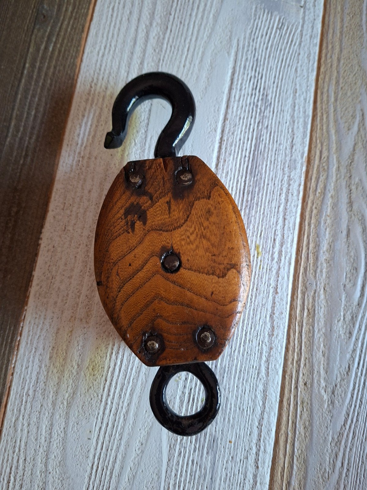 Antieke houten katrol met haak - Decoratief, Ophalen of Verzenden