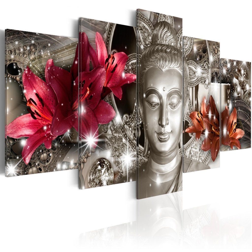 580 Bloemen Buddha 5 Luik Canvas Schilderij 200x100cm 2maten, Ophalen of Verzenden