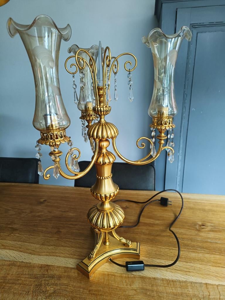 Elegante gouden tafellamp met glazen kelken, Ophalen, Gebruikt, Glas, Klassiek