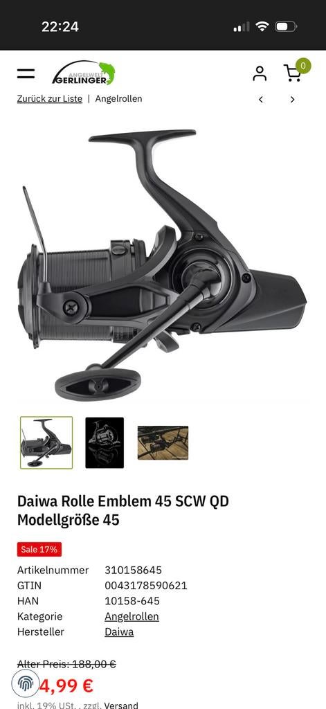 Daiwa emblem 45 scw qd, Watersport en Boten, Hengelsport | Karpervissen, Ophalen of Verzenden, Zo goed als nieuw, Molen