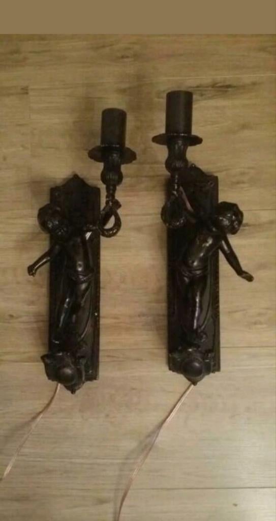 Antieke bronzen wand lampen met een cupido, Antiek en Kunst, Ophalen of Verzenden