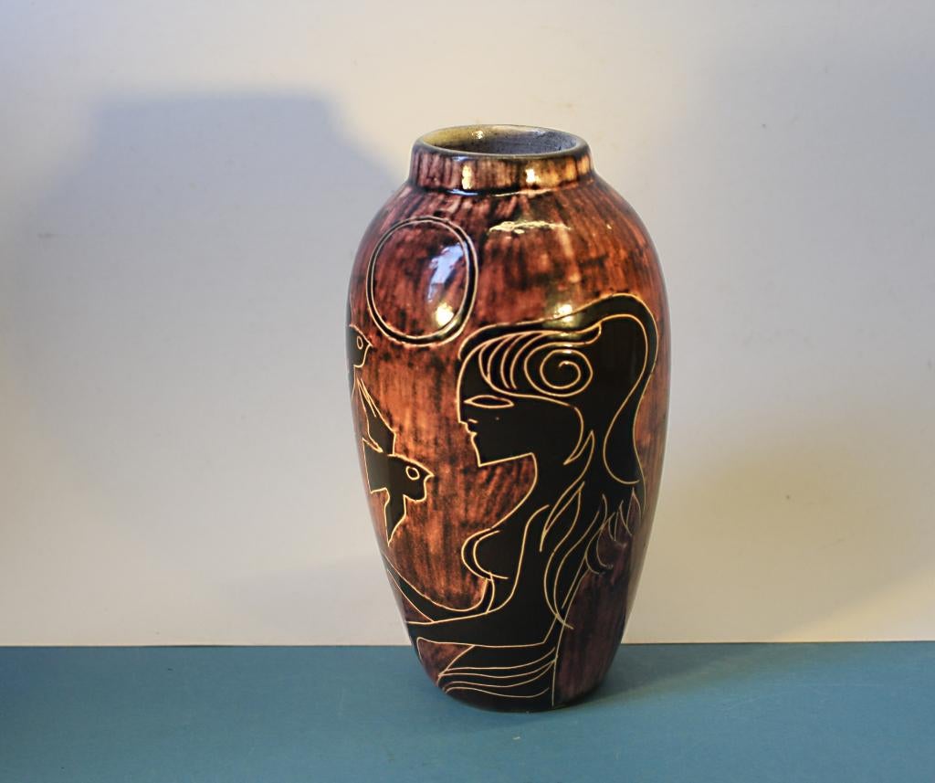 De Gats vaas met sgraffito decor van vrouw en vogels, Ophalen of Verzenden