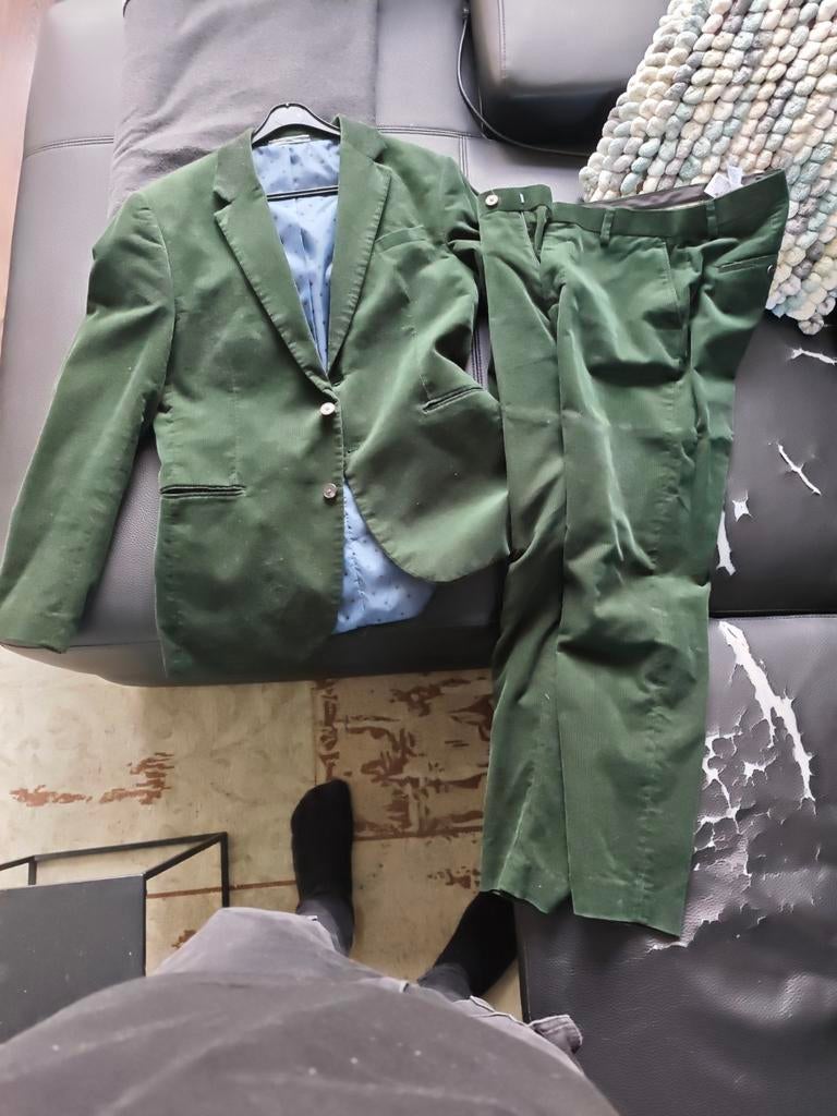 Groen ribbelstof pak, slim fit, maat 46, Kleding | Heren, Kostuums en Colberts, Ophalen, Zo goed als nieuw, Maat 46 (S) of kleiner