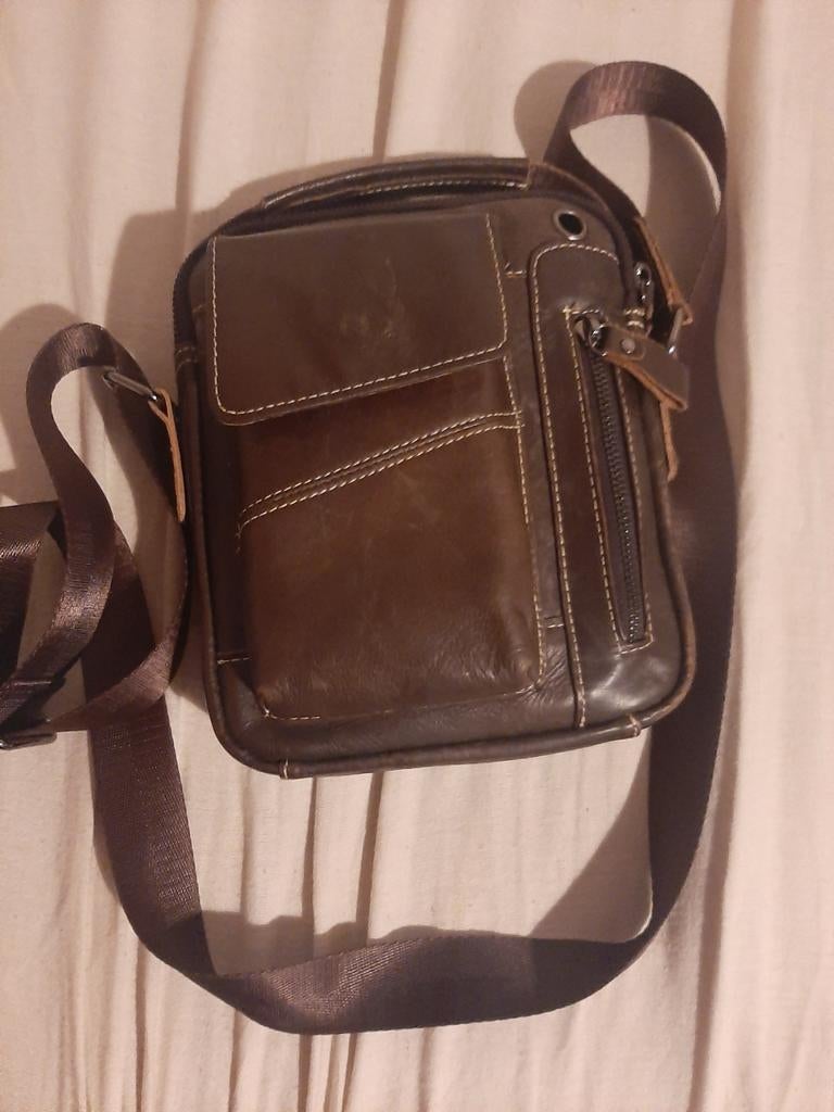 Leer heren schoudertas, Sieraden, Tassen en Uiterlijk, Tassen | Schoudertassen, Ophalen of Verzenden, Zo goed als nieuw, Zwart