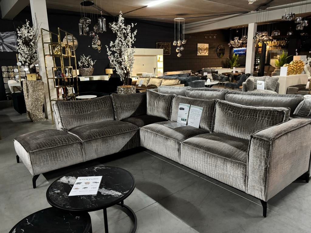 Luxe Hoekbank Velvet Croco Champagne 300x245 cm, Huis en Inrichting, Hoekbank, Ophalen of Verzenden, Vierpersoons of meer, 300 cm of meer