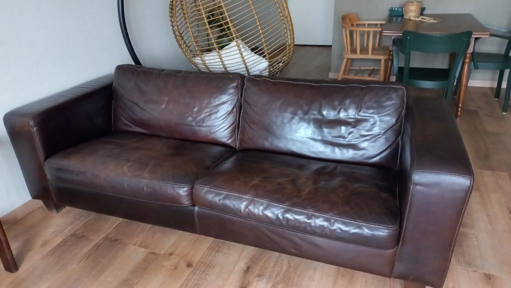 Te koop ECHT Leren donkerbruin bankstel, Ophalen, Gebruikt, 75 tot 100 cm, 200 tot 250 cm