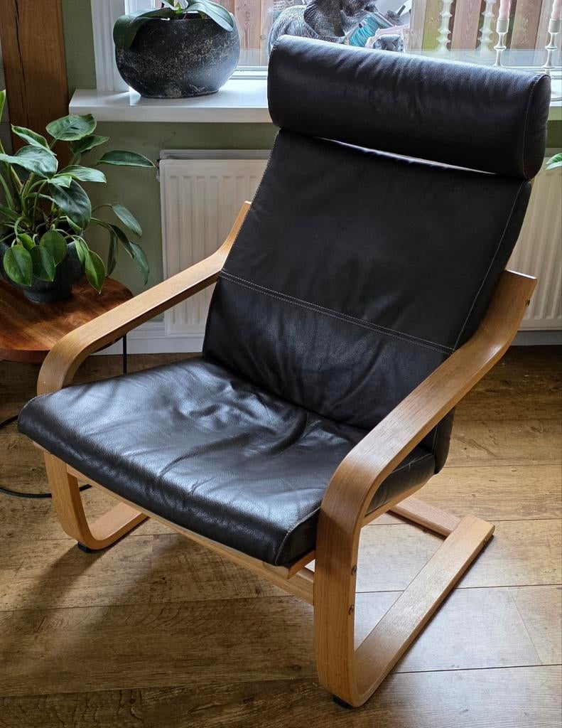 Bruine leren IKEA Poäng fauteuil, Huis en Inrichting, Fauteuils, Gebruikt, Ophalen of Verzenden, Leer, 50 tot 75 cm