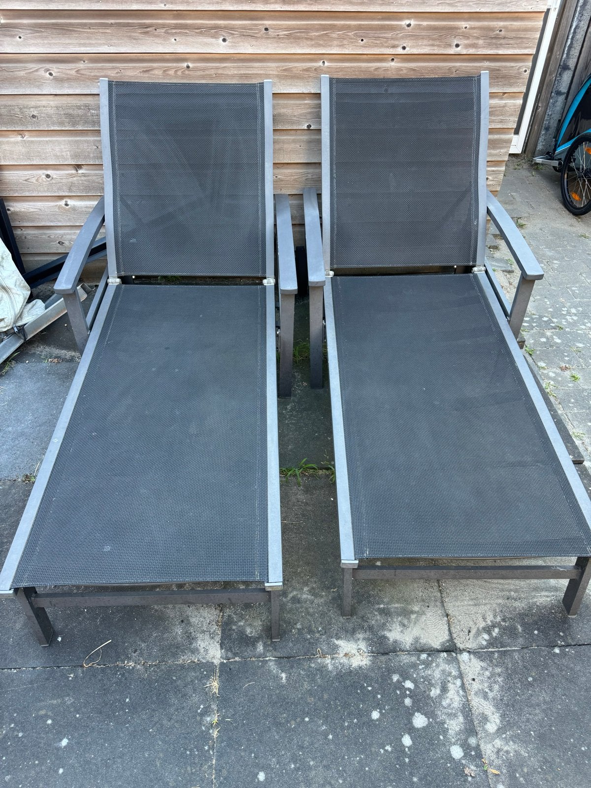 2x verstelbare ligstoelen voor buiten, Ophalen of Verzenden, Gebruikt, Metaal, Verstelbaar