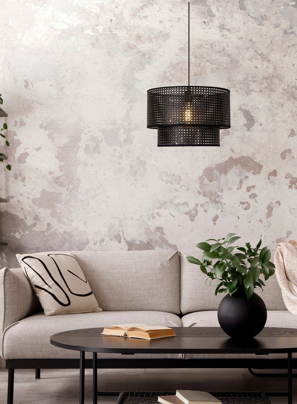 Zwarte Hanglamp - Modern Design, Ophalen of Verzenden, Zo goed als nieuw, Natuurlijk materiaal, E27 (groot)