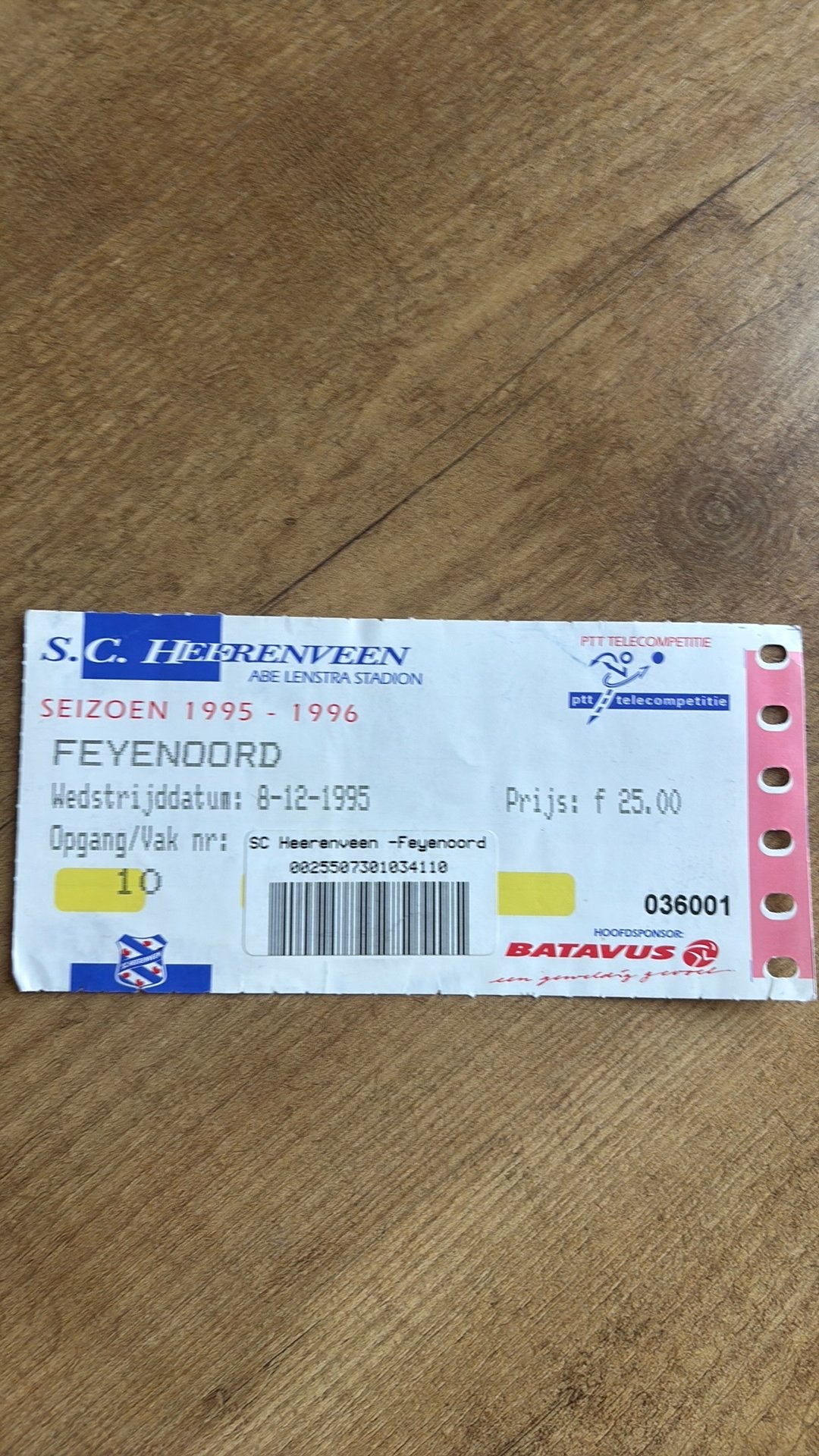 Oud stadionticket feyenoord heerenveen 1995, Ophalen of Verzenden, Zo goed als nieuw, Feyenoord