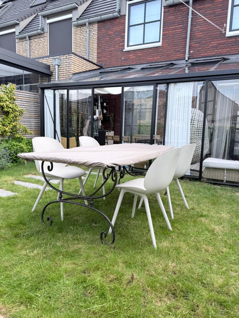 Prachtige antieke smeedijzeren teakhouten tuintafel, Ophalen, Rechthoekig, Teakhout