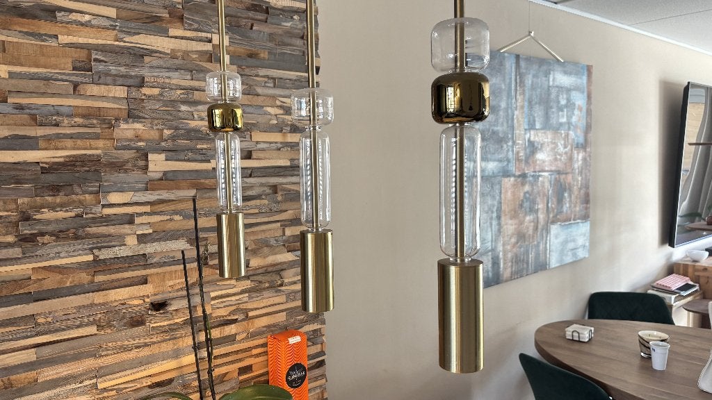 Stijlvolle 3-lamps Bar hanglamp goud & helder glas, Modern / industrieel, GU10, Ophalen of Verzenden, Zo goed als nieuw
