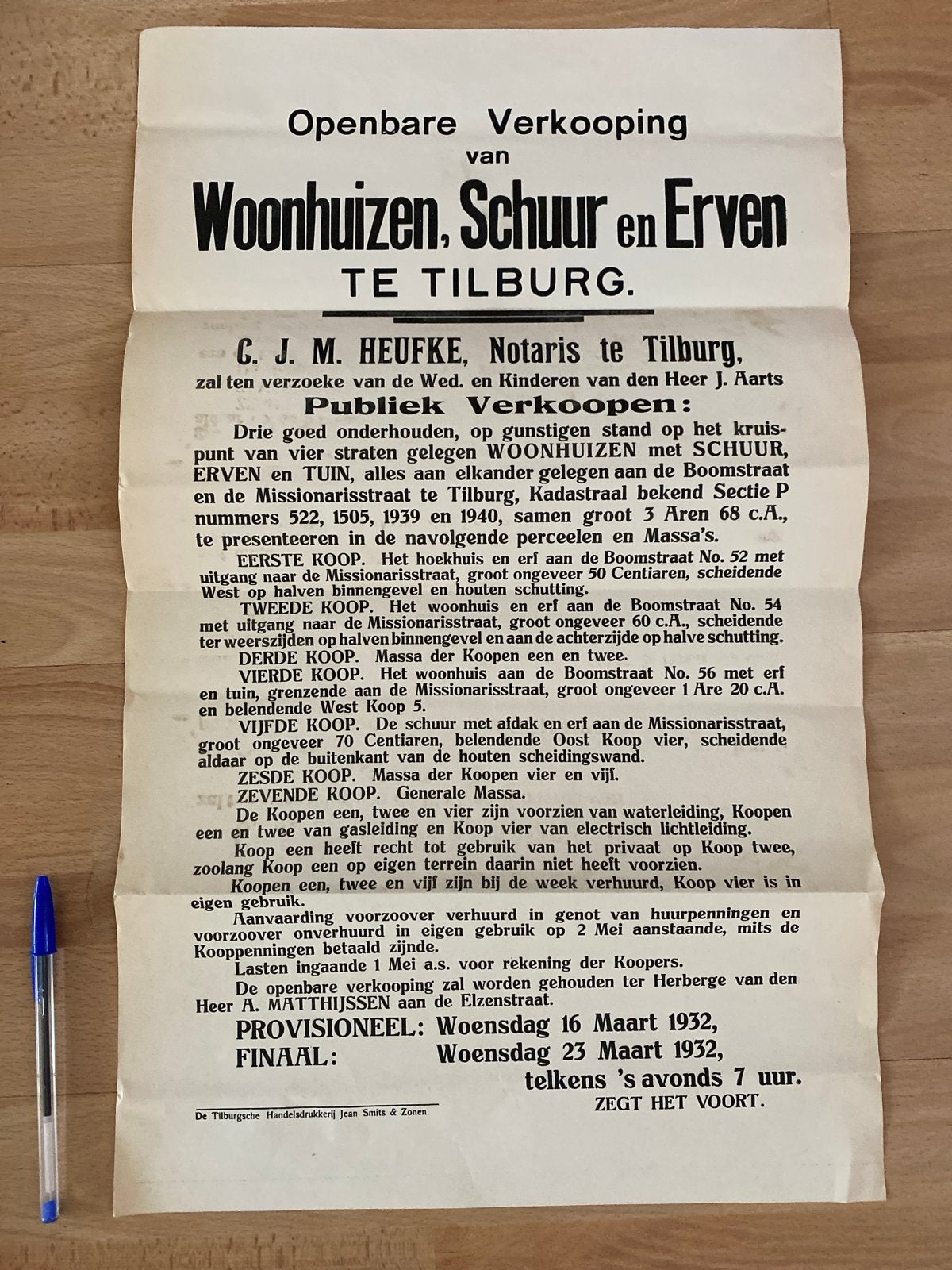 Openbare Verkoop Woonhuizen, Schuur en Erven Tilburg 1932, Ophalen of Verzenden, Gelezen, Folder