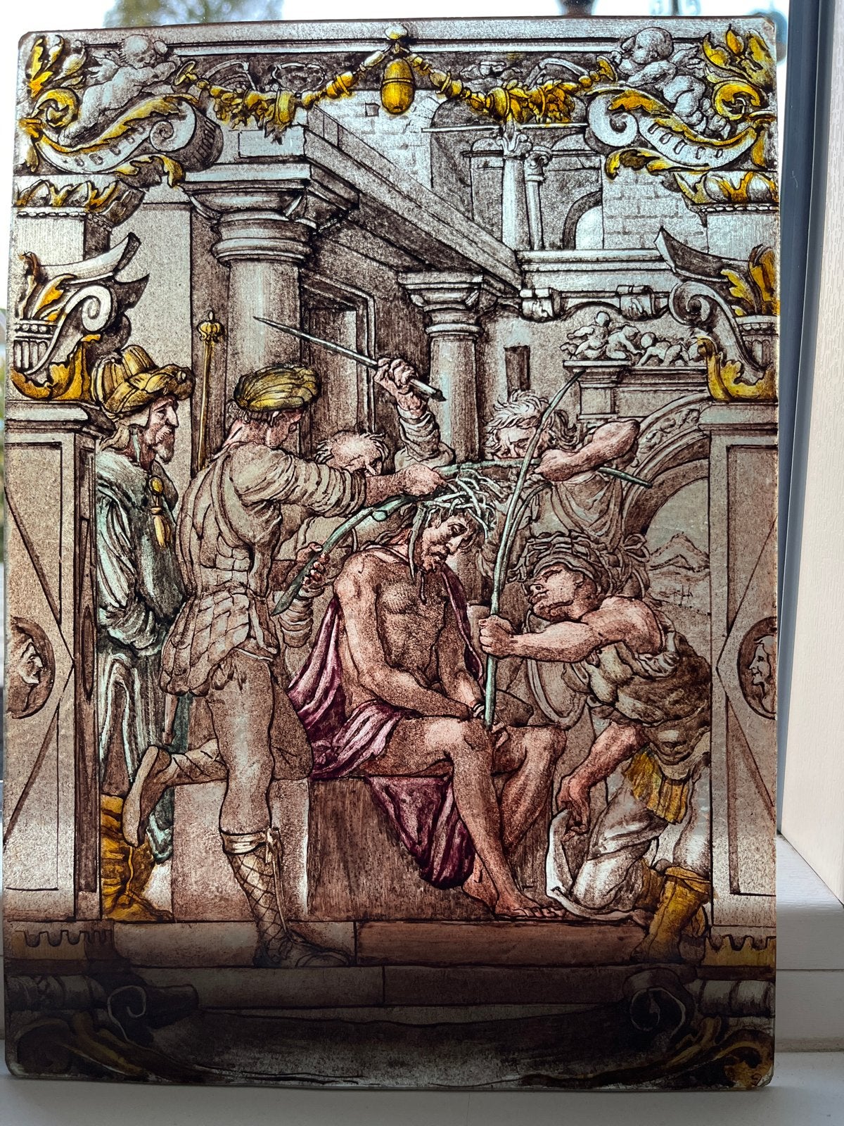 Antieke glas panelen: Passie van Christus, Ophalen of Verzenden