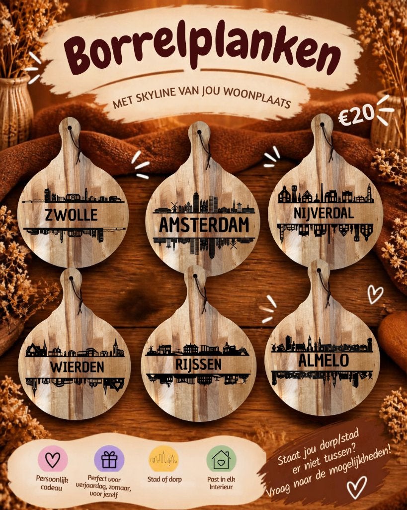Borrelplank/serveerplank met Skyline, Huis en Inrichting, Beige, Hout, Snij-/serveerplank, Nieuw