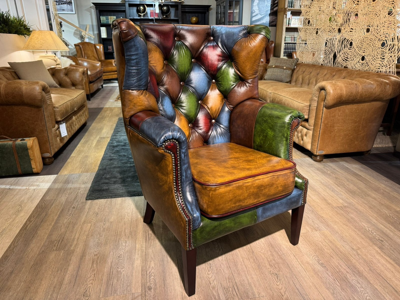 CHESTERFIELD HARLEQUIN PATCHWORK MULTICOLOR FAUTEUIL LEER, Ophalen of Verzenden, Nieuw, 75 tot 100 cm