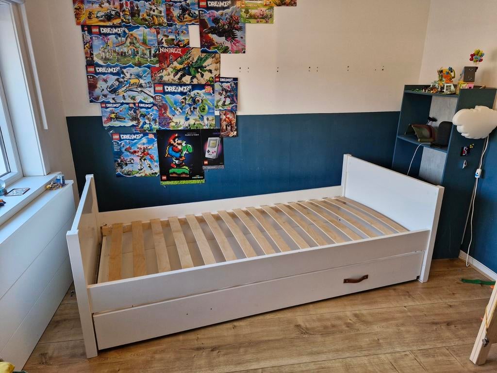 Eenpersoonsbed met lattenbodem en lade, Gebruikt, 90 cm, Eenpersoons, Wit