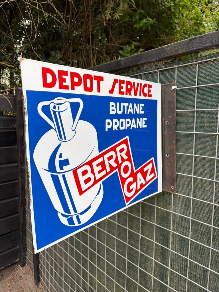 Emaille reclame bord berogaz butane, Ophalen of Verzenden, Gebruikt, Reclamebord