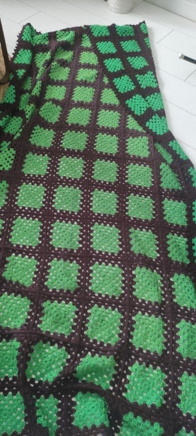 Vintage gehaakte sprei groen bruin, Gebruikt, Eenpersoons, Ophalen of Verzenden, Deken of Dekbed